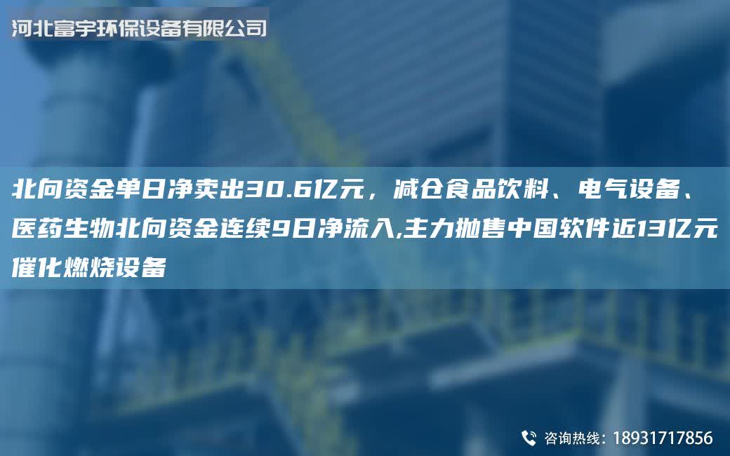 北向資金單日凈賣出30.6億元，減倉食品飲料、電氣設備、醫藥生物北向資金連續9日凈流入,主力拋售中G軟件近13億元催化燃燒設備